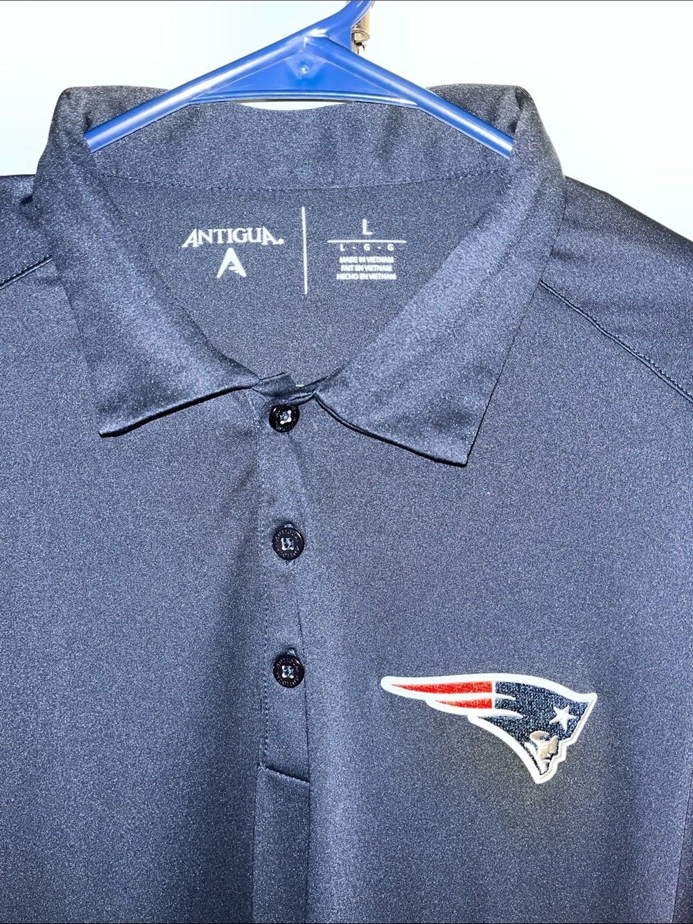Antigua Navy Blue New England Patriots polo golf shirt L Tailgate Foxboro MA